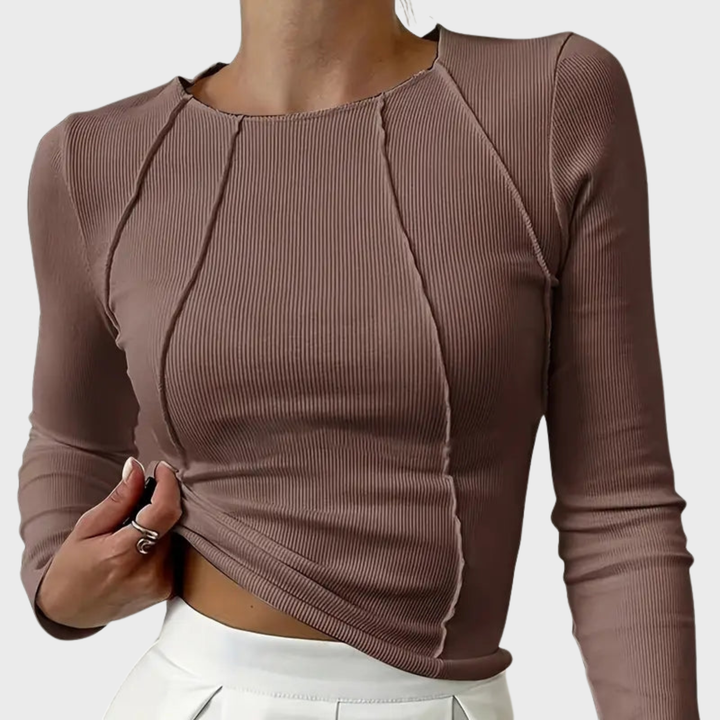 AISOLA Stylový přiléhavý top z žebrované tkaniny v hnědá barvě
