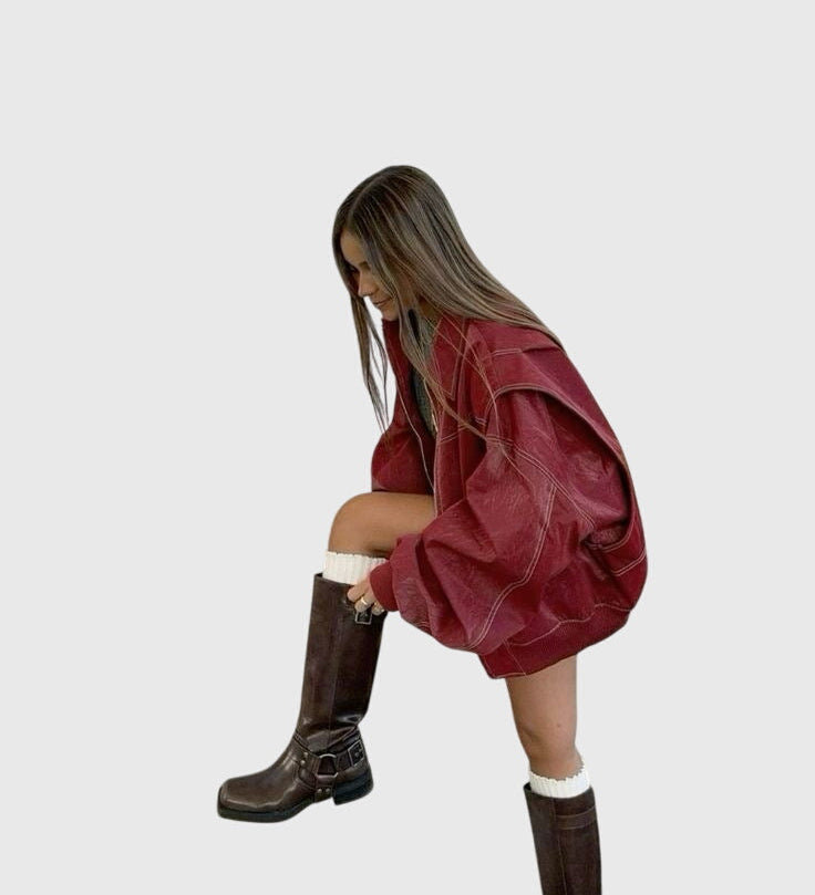 Sofia Kožená bunda oversized střihu, barva červená