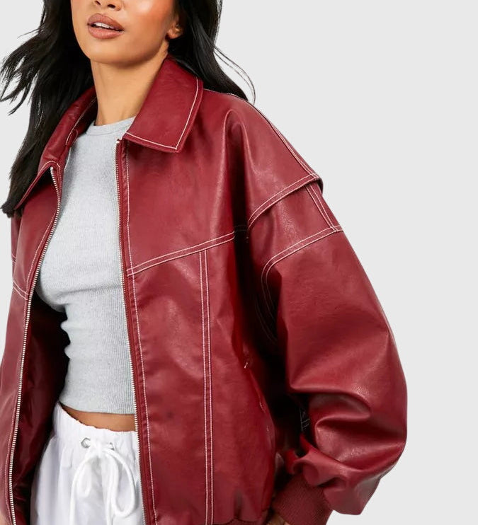 Sofia Kožená bunda oversized střihu, barva červená