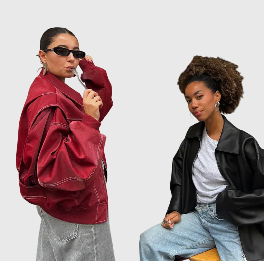 Sofia Kožená bunda oversized střihu, barva červená