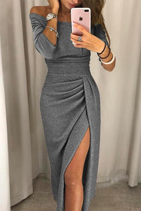 Adéla | Elegantní třpytivé šaty s odhalenými rameny a rozparkem