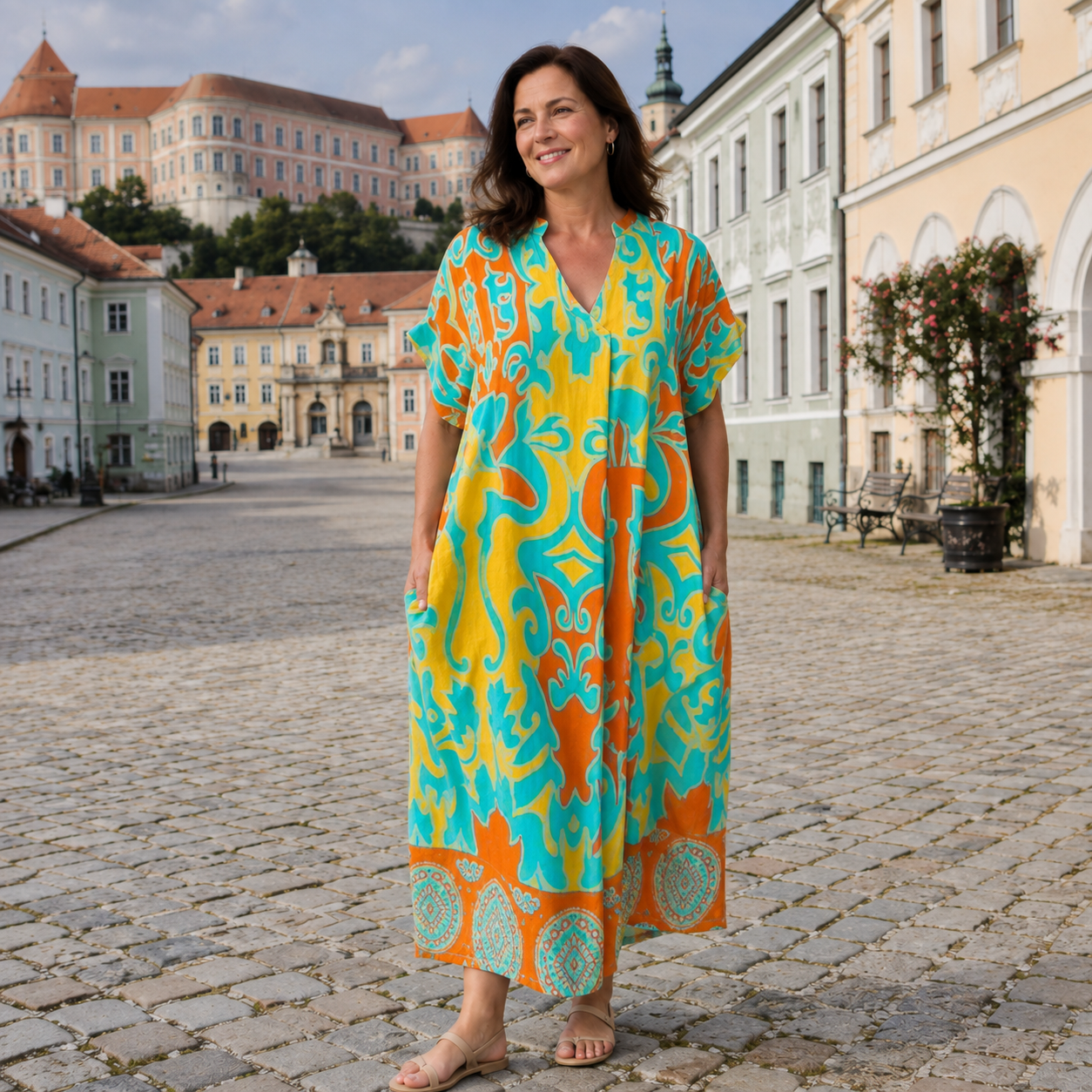 Dámské vzorované šaty s výstřihem do V