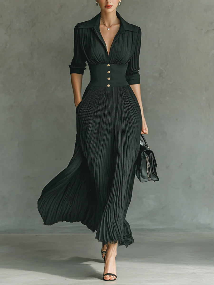 Elvira Vestido largo plisado con solapa y cintura alta