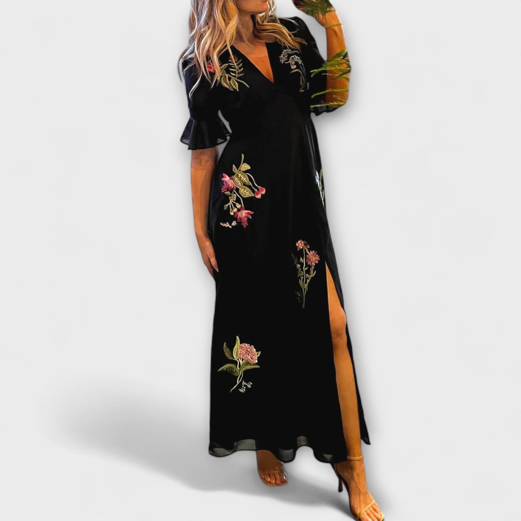 Beatrice - Elegantní tmavě modré šaty s květinovou výšivkou