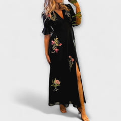 Beatrice - Elegantní tmavě modré šaty s květinovou výšivkou