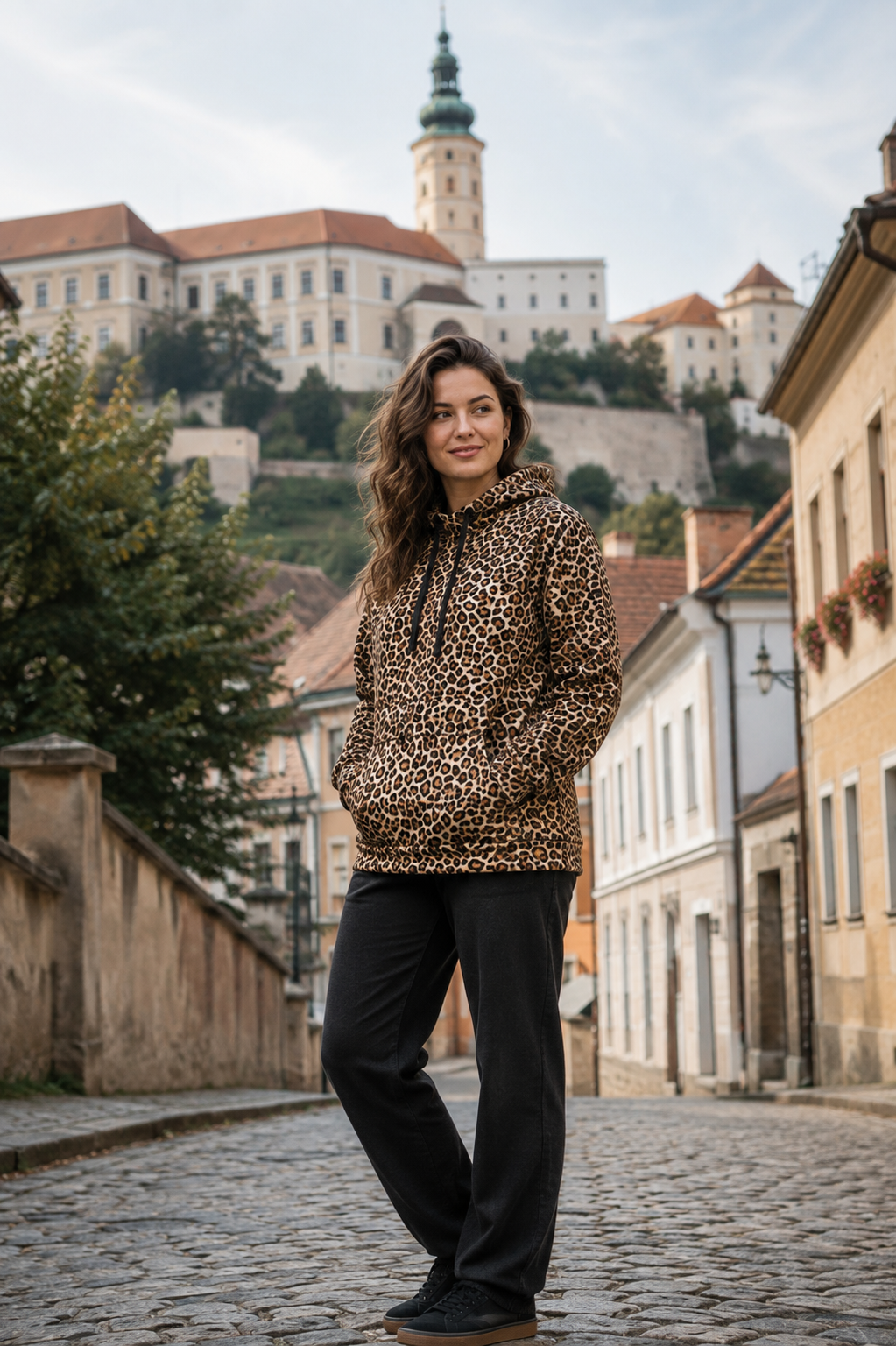 Dámská mikina s kapucí a leopardím vzorem
