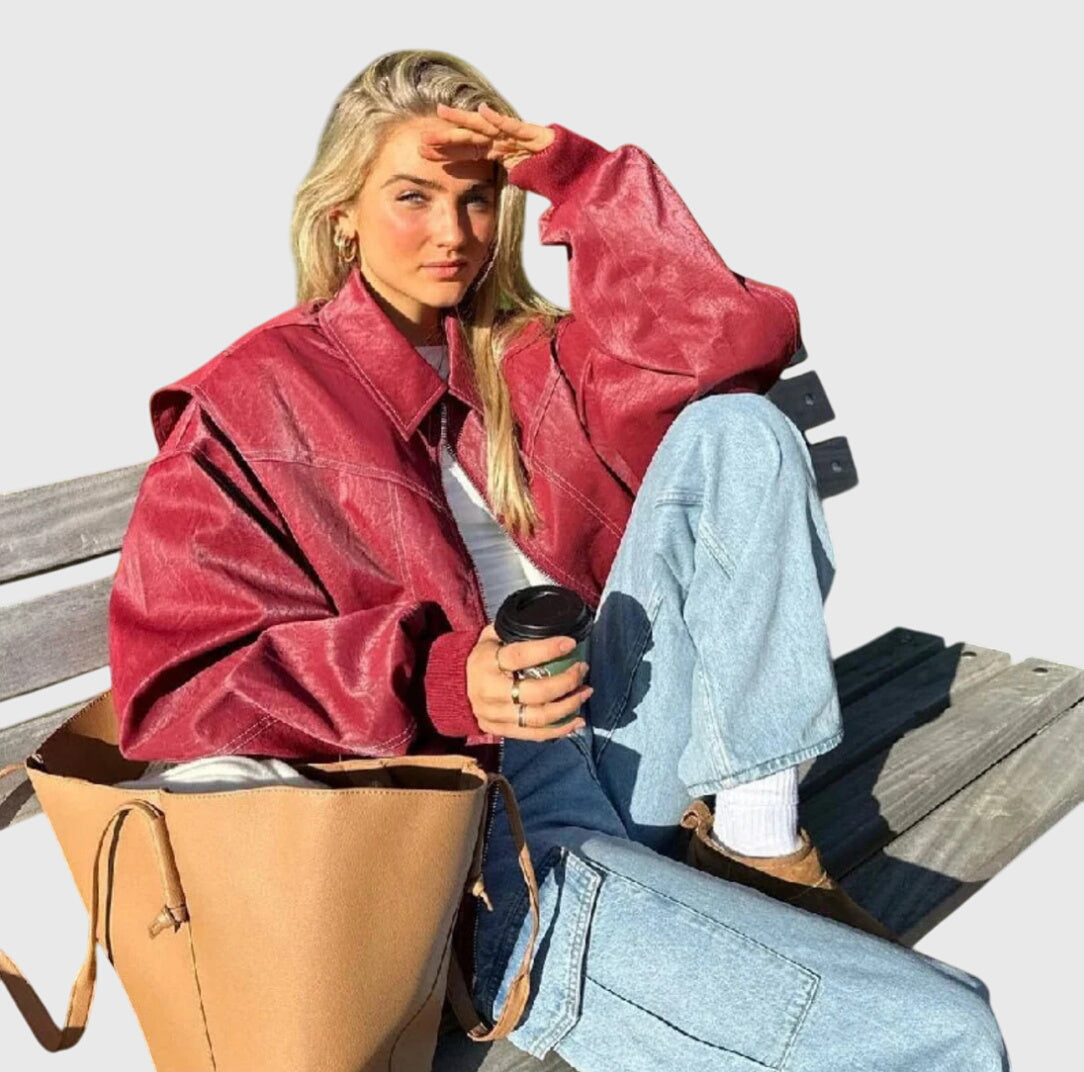 Sofia Kožená bunda oversized střihu, barva červená