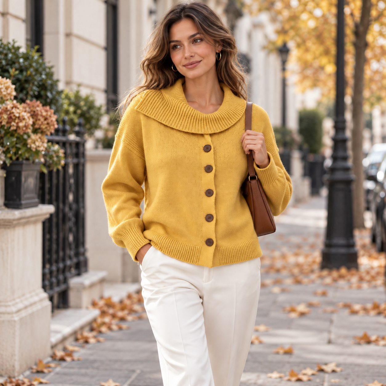 Tereza – dámský pletený kardigan s asymetrickým límcem – podzimní styling