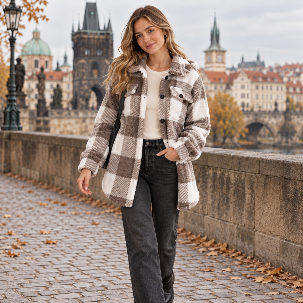 Klára – dámský hebký kostkovaný kabátek – podzimní styling