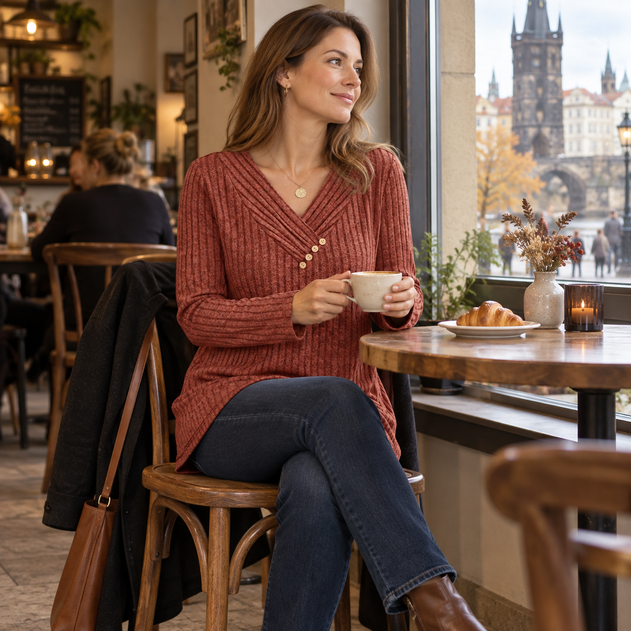 Linda – žebrovaný svetr – přirozený styling v kavárně