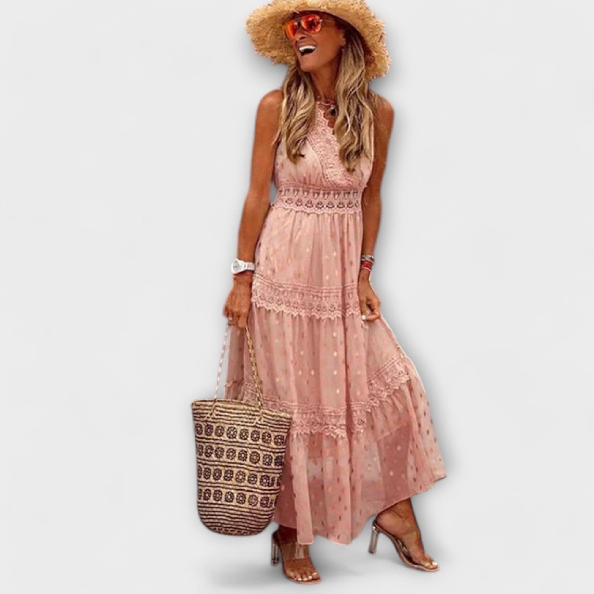 Kyoto Krajkové boho maxi šaty, barva růžová